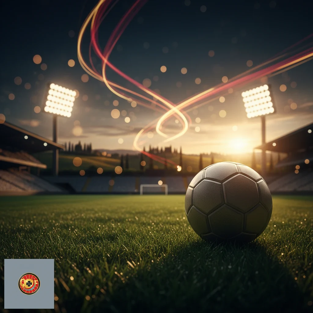 Pallone da calcio su campo illuminato per partite serali